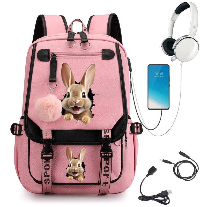 Bunny Print School Backpack Cartoon School Bag for Student Teens Usb Bookbag Laptop Mochila Teenage Backpack Kawaii Bagpack