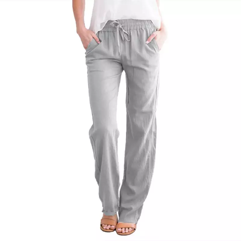 Pantalones elásticos lisos para mujer, pantalón largo con cordón, cintura de lino, algodón y lino, informal