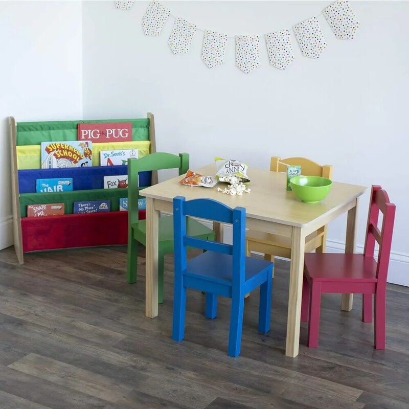 Kolekcja Dziecięcy drewniany stół i 4-krzesła, naturalny/różniczy