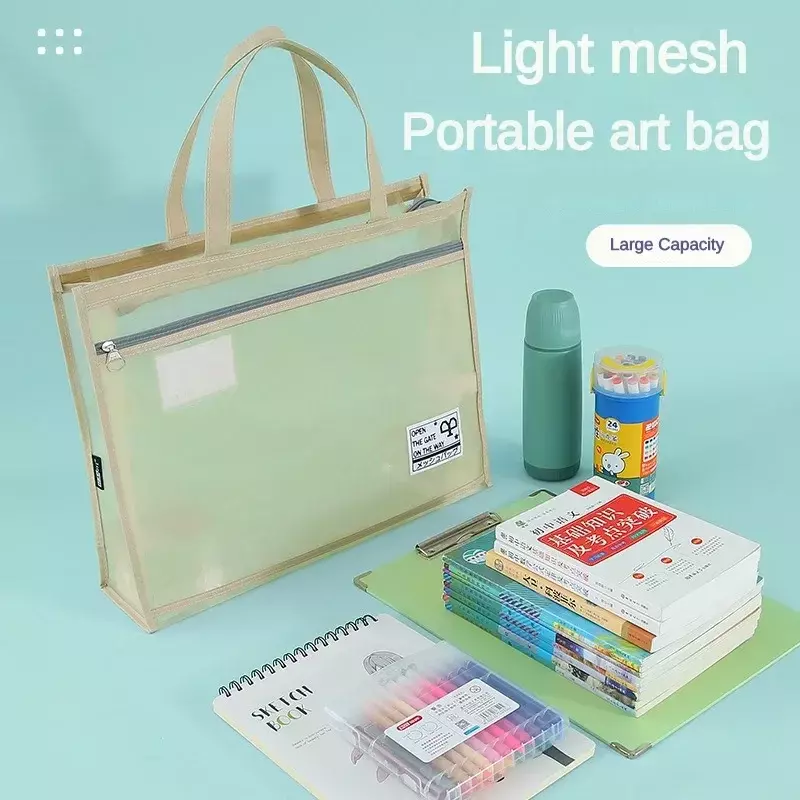 Borsa artistica portatile trasparente A3 borsa per materiale da pittura a rete impermeabile borsa per tutoraggio con cerniera borsa per capacità di grandi dimensioni