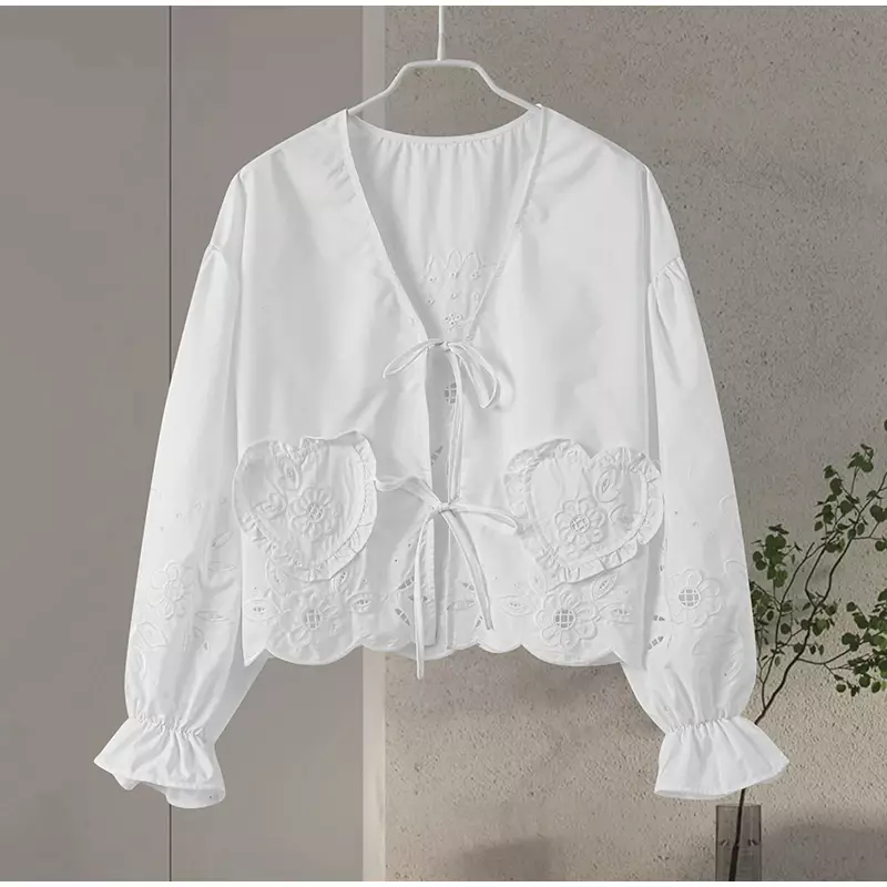 Lace Up Hollow Out Women Shirts Casual V-neck Loose Lantern Sleeve Blouse 2024 Spring Summer New in Fashion Female Streetwear