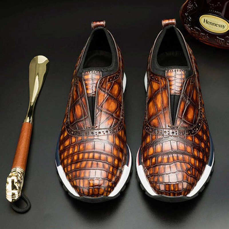Kexima eyugaoduanxie crocodilo sapatos masculinos escova manual cor esportes lazer couro de crocodilo sapatos masculinos casuais