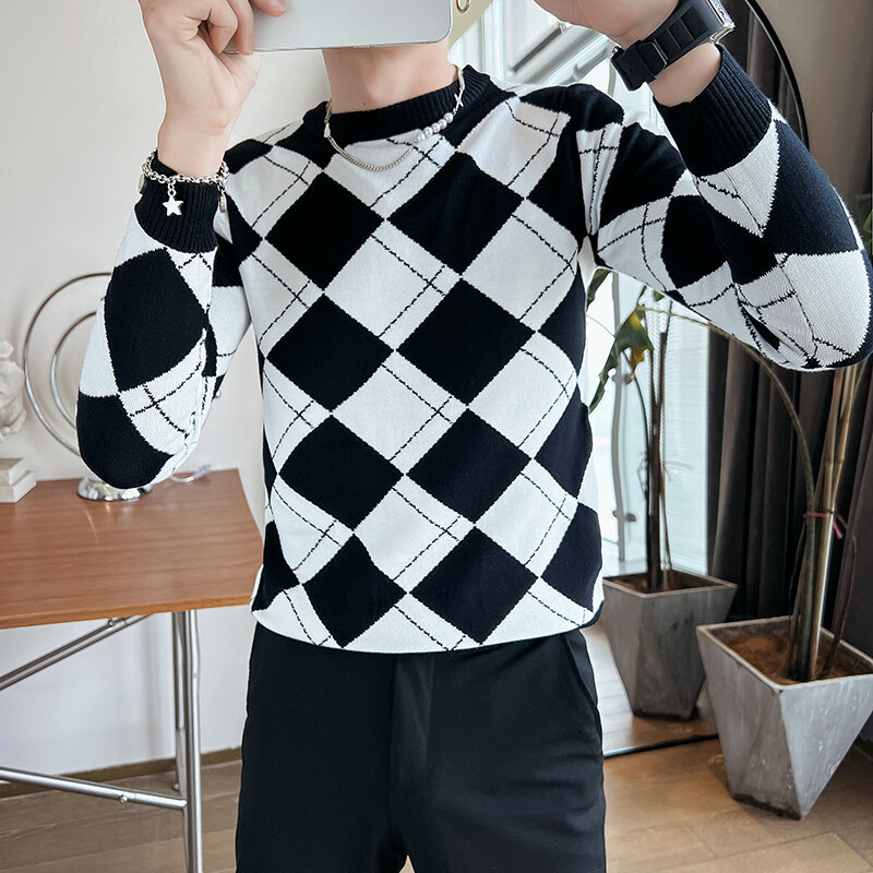 Suéter tejido elástico de Jacquard con cuello redondo para hombre, Jersey ajustado de punto a cuadros, ropa de calle informal, otoño e invierno, 2023