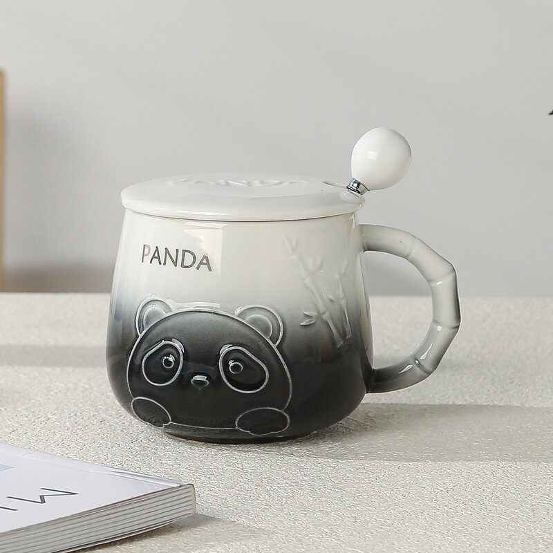 Mug keramik kartun panda lucu dengan tutup dan sendok cangkir kopi Mug teh susu cangkir sarapan perlengkapan minum hadiah baru