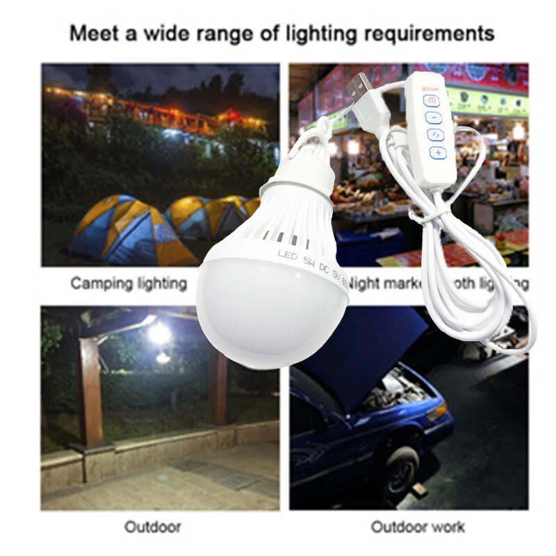 LED 캠핑 조명, 5W USB 비상 전구, 조도 조절식 걸이식 텐트 조명, 바베큐 낚시 수리 야외 장비, DC5V, 3 색