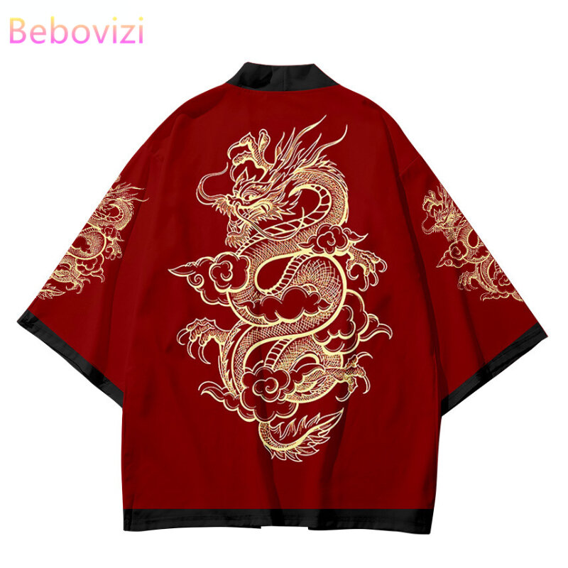 Desain Baru Mode Gambar Naga Kardigan Jepang Haori Pakaian Tradisional Wanita Asia Cosplay Kaus Merah Kimono Pantai Yukata