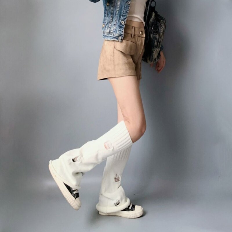 Harajuku mulheres oco para fora malha perna mais quente meias rasgado buraco joelho alto folgado solto pé capa meias streetwear