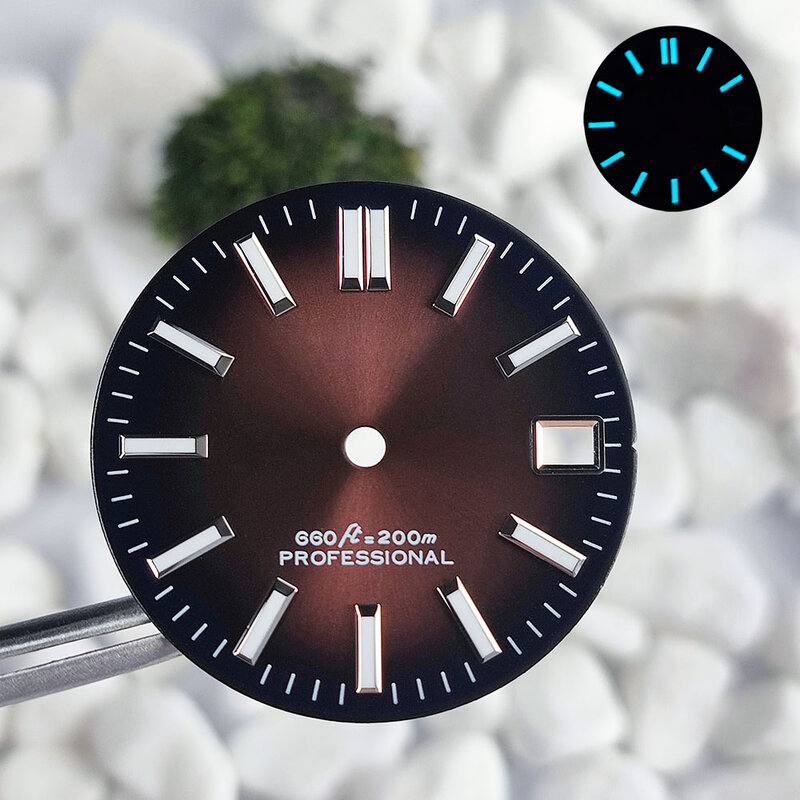 Jam tangan kaca NH35, 28.5MM biru es bercahaya merah dial hijau coklat tanggal wajah nh35 nh36 suku cadang jam