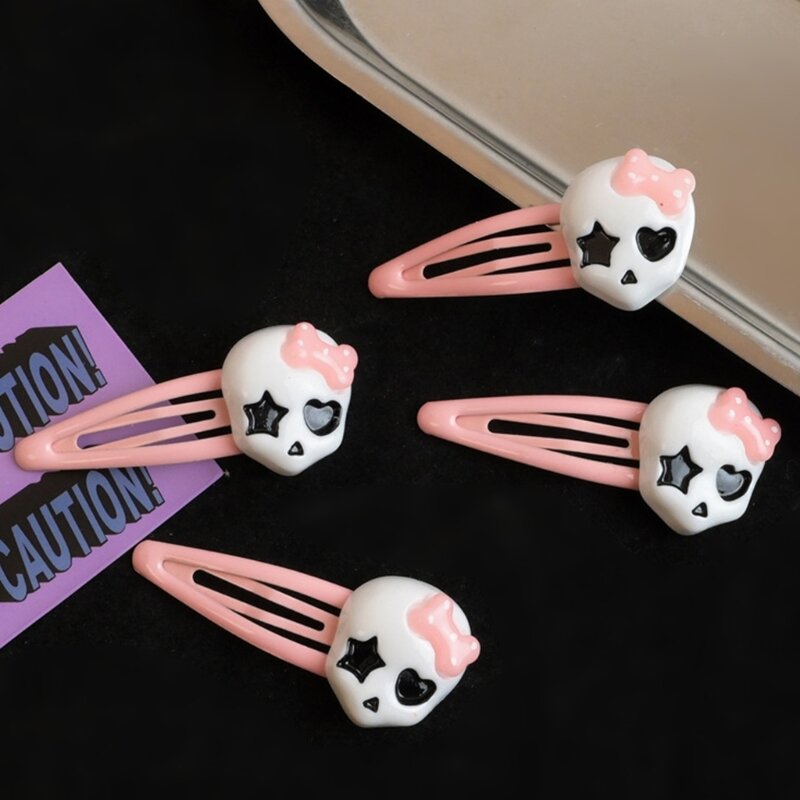 Punk Hair Clip for Hot Girls Cartoon Skull Shape Hair Barrettes Pink Color Hair Barrettes for Girls Ponytail Bangs