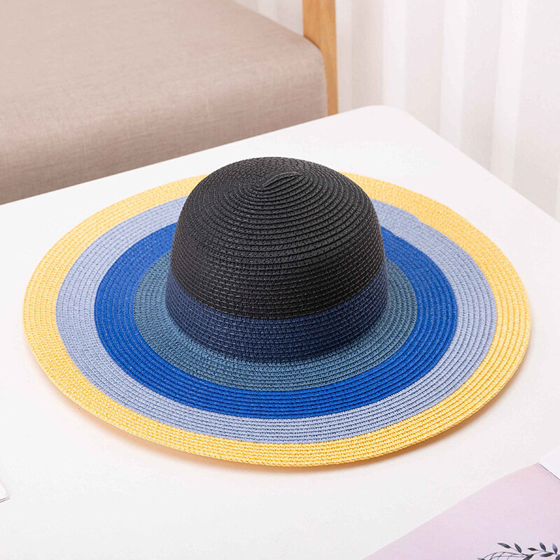 Sombrero de paja a rayas Multicolor para mujer, sombrero de ala ancha, sombrilla, 2023