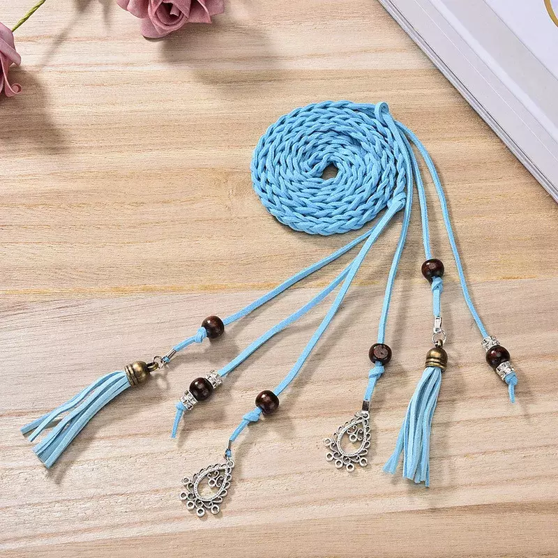 White Popular Vintage PU Leather Braid Waist Belt for Dress Tassel Belt for Women String Waistband Knitted Strap Accessories