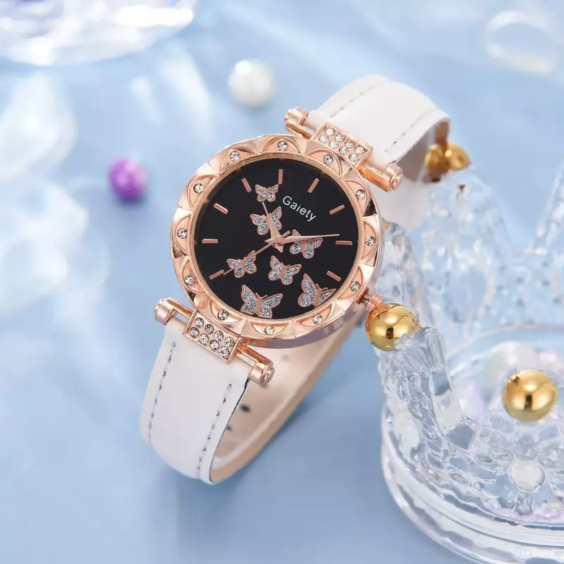 Jam tangan wanita, 1/6 buah jam tangan mewah wanita cincin, kalung, anting-anting, Set jam tangan kupu-kupu, tali kulit, jam tangan kuarsa, tanpa kotak