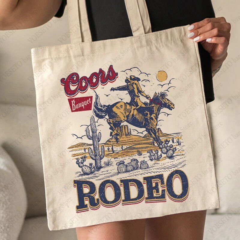 Coors Banquet Rodeo Beer Pattern Tote Bag Origin-Golden Canvas Shoulder Bag Western Style 90s Reusable Shopping Bags