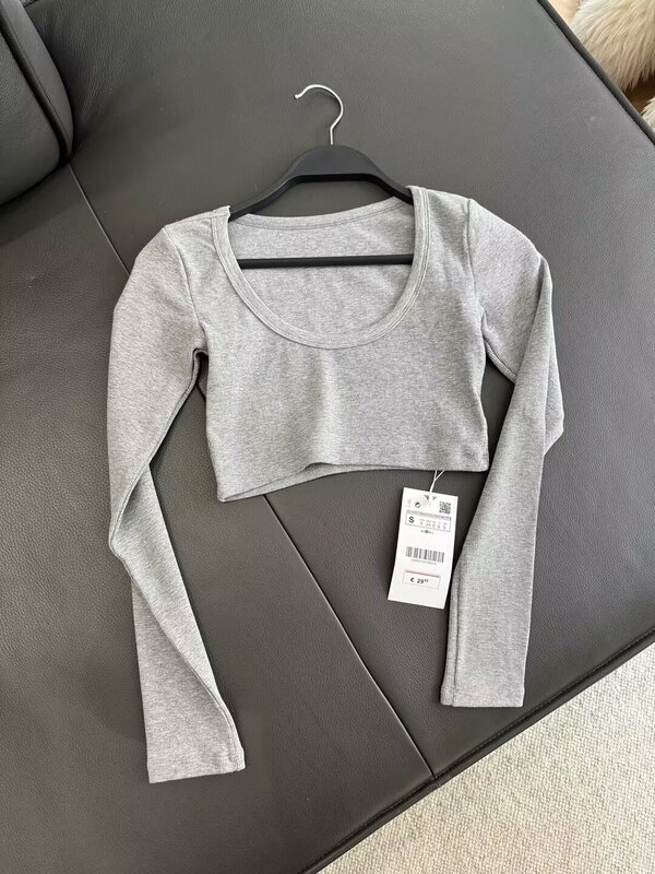 Women's 2024 New Fashion Slim Fit Short Elastic Ribbed T-shirt Top Retro Round Neck Long sleeved Women's Shirt Unique Top
