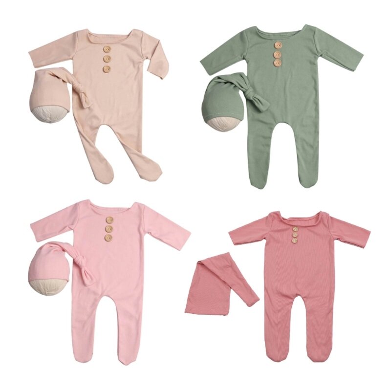 2Pcs/Set Newborn Baby Long Romper Jumpsuit with Knotted Hat Buttons Solid Color Infant Coverall Photo Prop Outfits