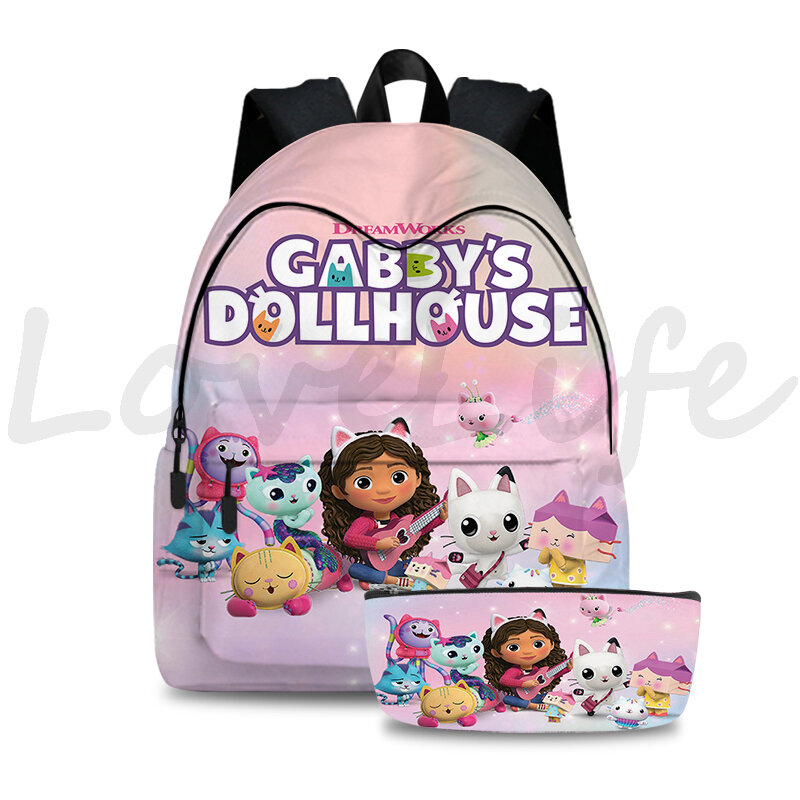 Gabby's Dollhouse Mochila Infantil, Kawaii Bookbag para Meninas, mochila dos desenhos animados, Gabby Cat Schoolbag, presente de volta à escola para crianças, 2 peças por conjunto