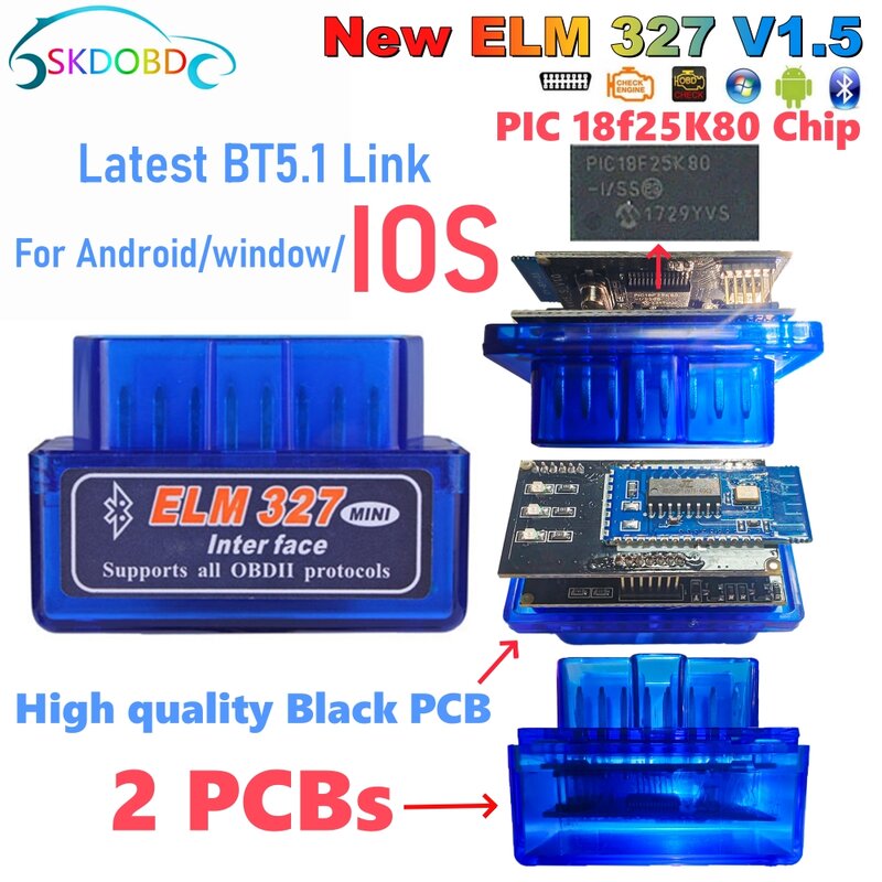 Mini ELM327 V1.5 Ferramenta de Diagnóstico, OBD2 Auto Scanner para IOS Android, 2PCB preto, carro ELM 327 Tester, Bluetooth 5.1, versão mais recente