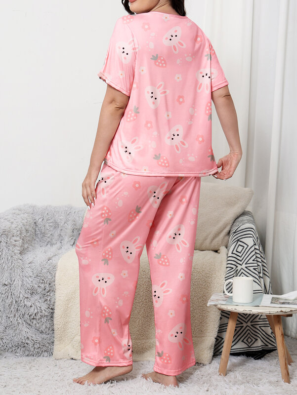 Zestaw piżamy w dużych rozmiarach, długie spodnie z krótkim rękawem, urocza odzież domowa z królikiem może być noszona w różnych rozmiarach 1-5XL