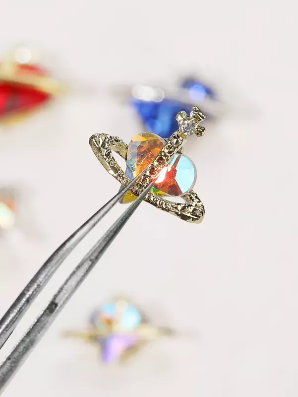 6 Grids Multicolor Rhinestone Saturn Cross Nail Charm Gemstone Crystal Sparkle Luxury Nail Art Decoration Accessory