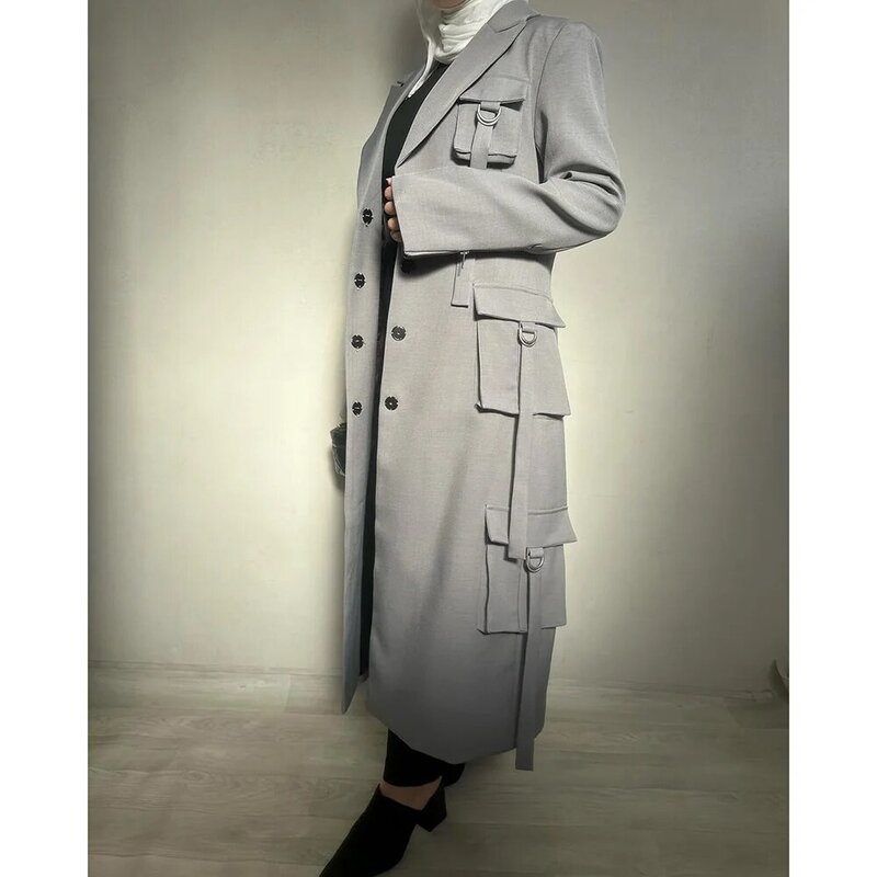 Grey Formal Muslim Women Suits Peak Lapel Single Breasted Long Blazer Custom Made 1 Piece Jacket Abayas Luxury Outfits Clothing