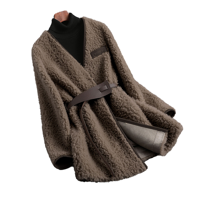 Abrigo de lana de oveja de Cachemira para mujer, abrigo con cuello en V, longitud media, 2023 lana integrada, Invierno