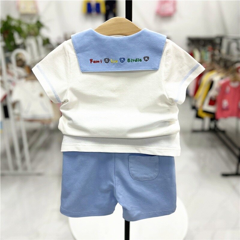 Summer New Kids Sets Two Piece Short Sleeved Pant Set  Navy Style Teddy Bear Suit  Kids Clothes Boys Cute Tops