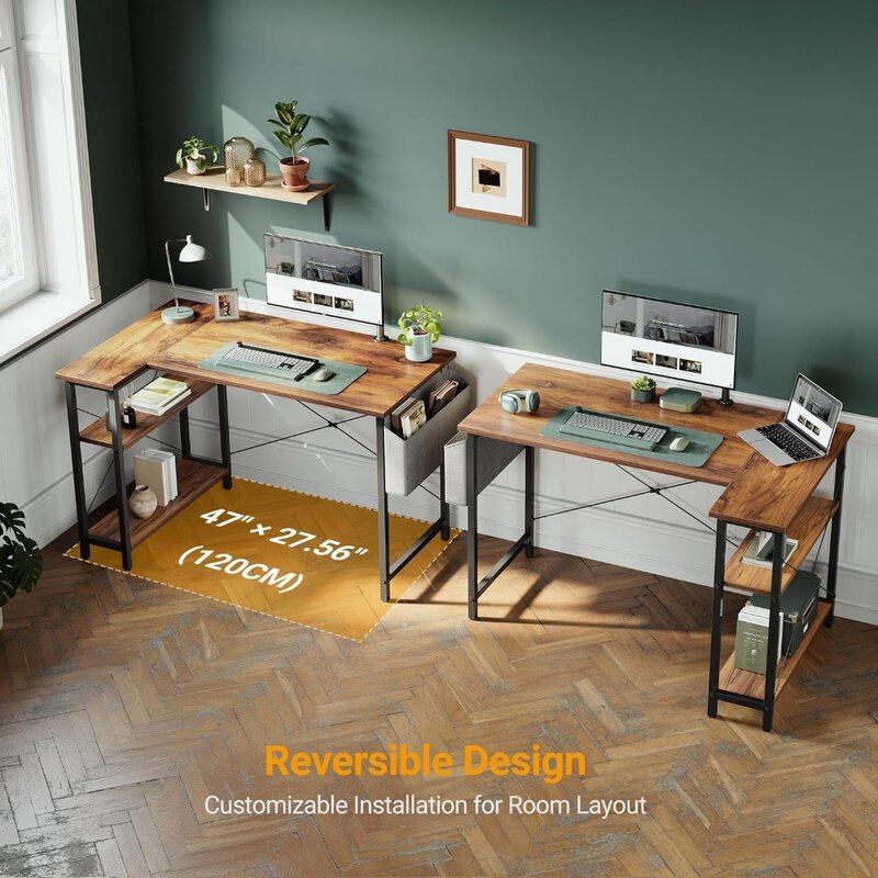 デスク,オフィス,書斎,ライティングテーブル用の収納棚付きのl字型デスク,深い茶色