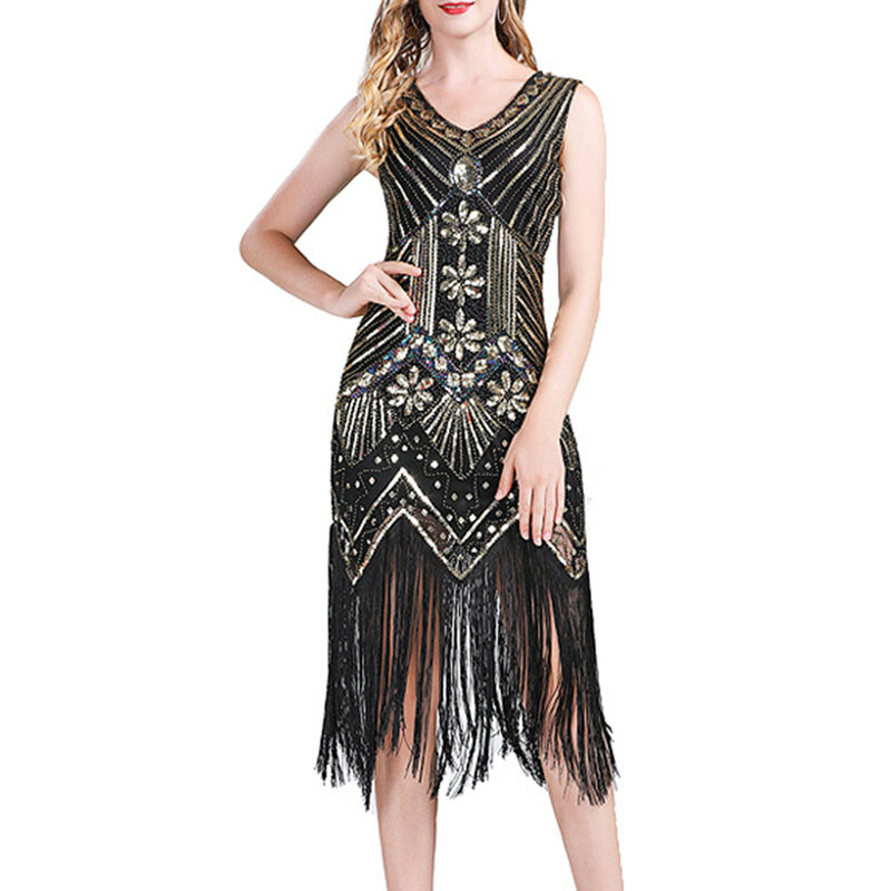 Fashion Hot Comfort Women\'s Dress Female Party Dress Club Dance Elegant Flapper Dress With Sequins And Tassel