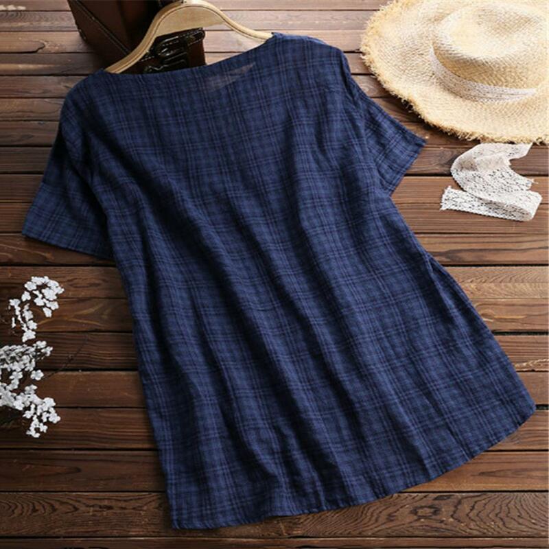 Camiseta solta de manga curta feminina, coleção de tops elegantes, monocromática com botões, decote para A, verão