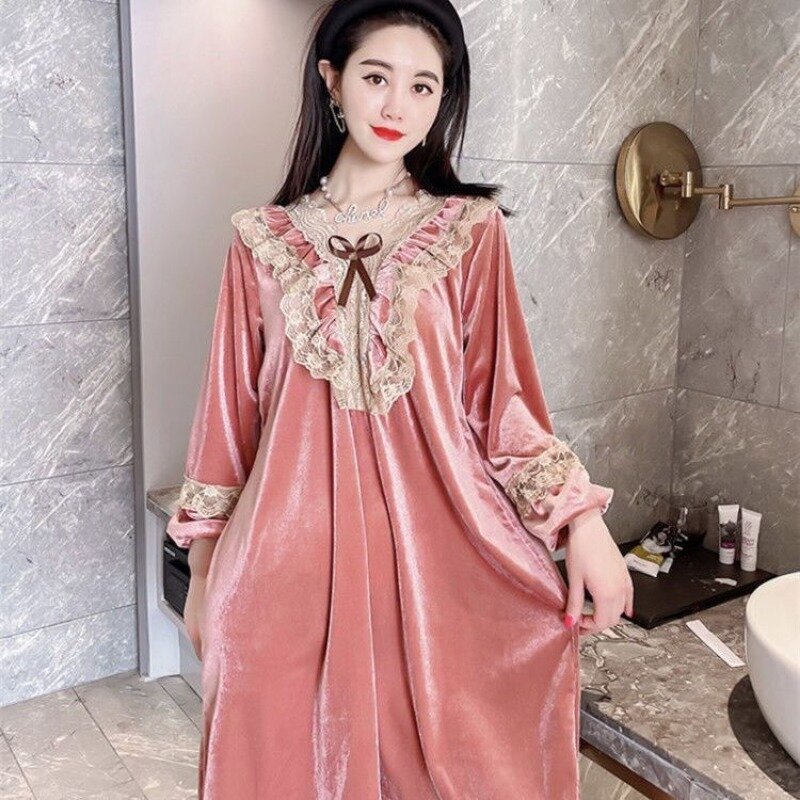 Koszula nocna damski, wiosenny i jesienna kanarkowa aksamitna wygoda nad kolanami luźna koreańska wersja może być noszona na zewnątrz leżaków