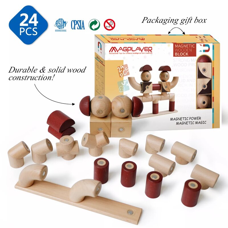 مجموعة مكعبات بناء مغناطيسية للأطفال ، مكعبات خشبية ، ألعاب تعليمية مونتيسوري للأطفال الصغار ، 24 *