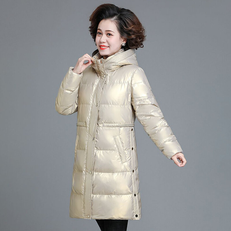 Doudoune longue lavable en duvet de canard blanc pour femmes d'âge moyen et aînées, veste brillante, style étranger, automne et hiver