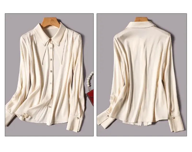Satin Women's Shirt Summer Solid Vintage Blouses Loose Long Sleeves Women Tops Silk Polo-Neck Fashion Clothing YCMYUNYAN