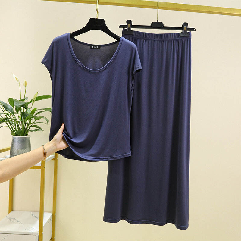 Modalna bawełniana 2-częściowa koszulka z kołnierzykiem O + spódnica damska letni garnitur wąska spódnica z wysokim stanem półspódnica spódnica bazowa długa spódnica codzienna