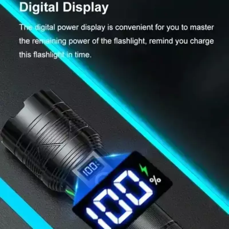 Lanterna LED recarregável USB super poderosa, luz da tocha de exibição, alta potência para acampar porta fora, lanterna tática acabamento, 60W