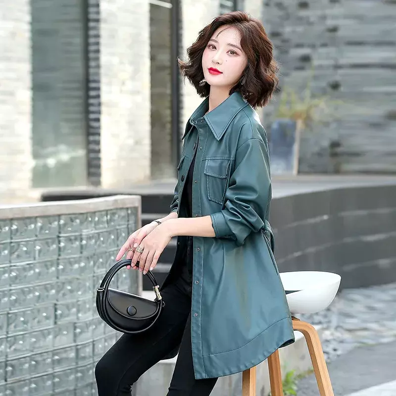 Women's Leather Jackets Mid Length 2023 Autumn Winter Korean Loose Slim Leather Jacket for Women Lapel Windbreaker Coat Abrigos