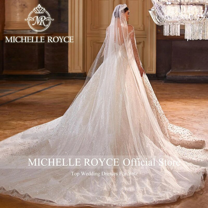 Michelle Royce gaun pernikahan mewah untuk wanita, gaun pernikahan punggung terbuka manik-manik berkilau 2023 untuk wanita