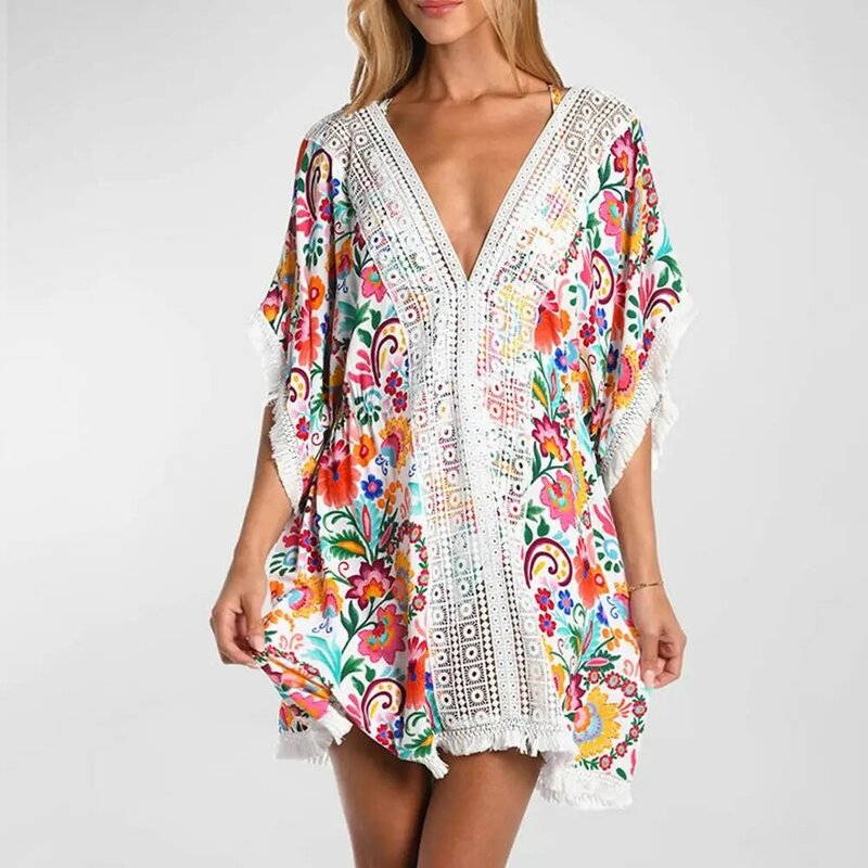 Women Swim Cover-up Colorful Flower Print Lace Bat Sleeves Tassel Sun Protection Anti-uv Holiday Swimsuit Cover-up for Women V