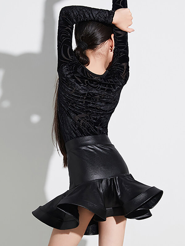 Bodysuit de dança latina feminino, saias infantis, trajes de salão Rumba Dancewear, espinha de peixe preta, trajes de desempenho