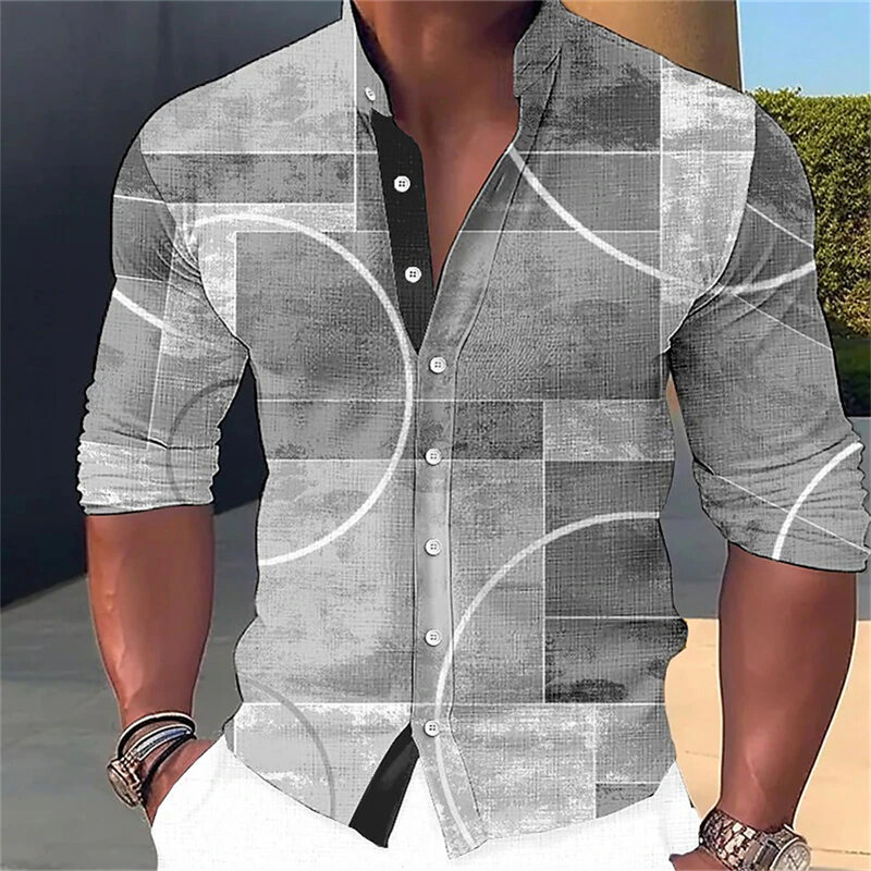 Новинка 2024, мужская рубашка в стиле ретро с 3D нестандартным принтом, Повседневная рубашка для отпуска в уличном стиле, летняя рубашка с воротником-стойкой и длинными рукавами, женская