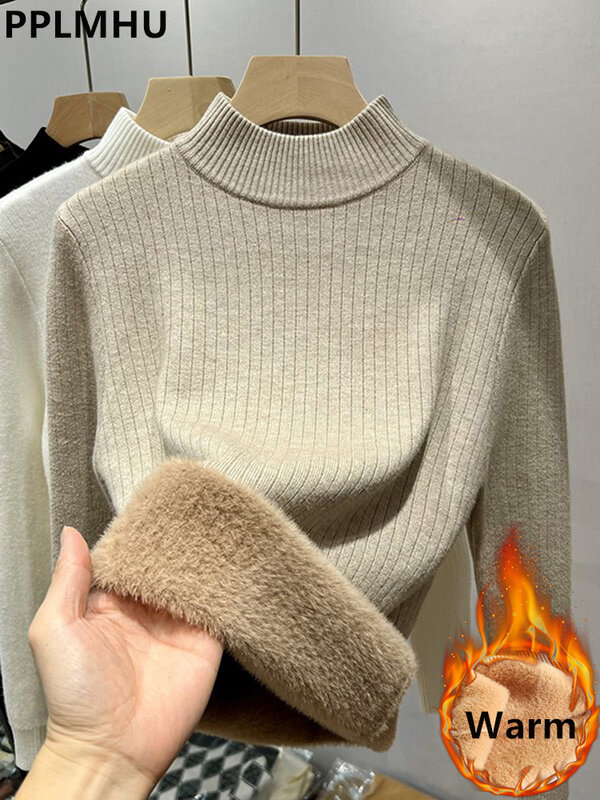 Inverno caldo maglione Pullover donna Slim addensare peluche foderato in velluto maglione coreano mezzo dolcevita Poleras morbido maglia top