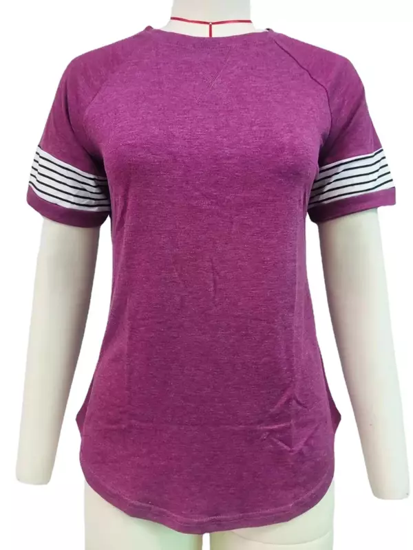 Mulheres manga curta sólida em torno do pescoço Stripe T Shirt Tops para o verão