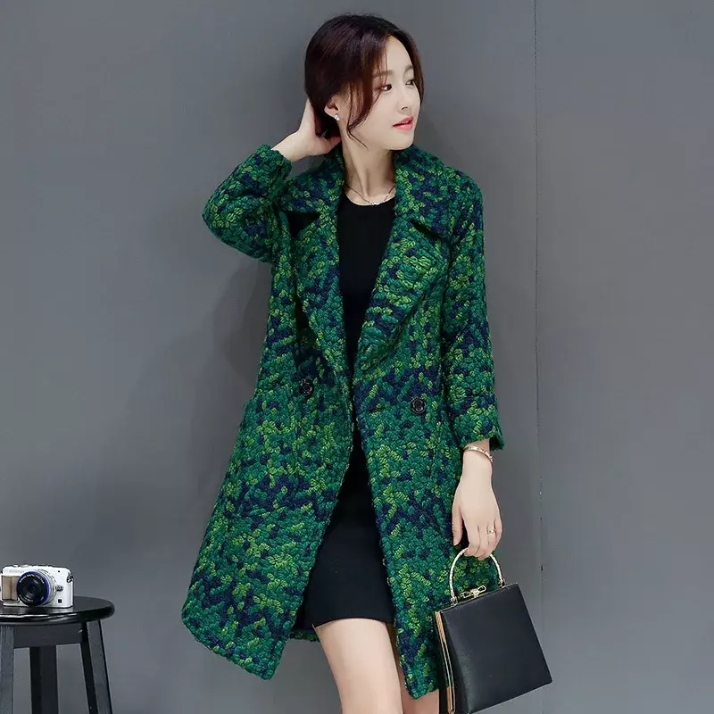 Высококачественное шерстяное пальто большого размера, женское клетчатое пальто 2024, корейская мода, приталенное шерстяное пальто средней длины