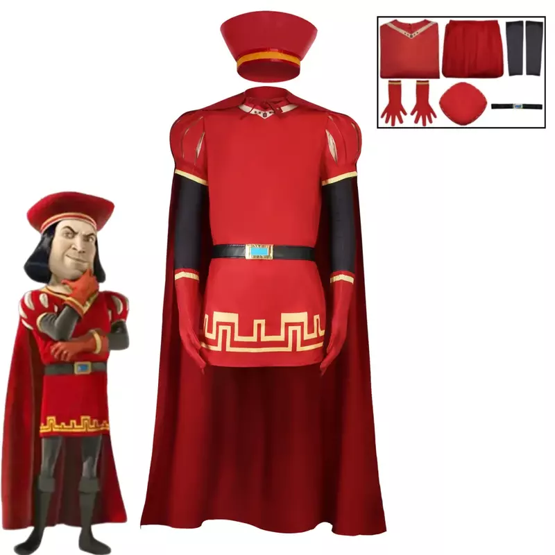 Anime Lord Farquaad przebranie na karnawał średniowiecze czerwony płaszcz zestaw Halloween karnawałowe występy kostiumowe rekwizyty