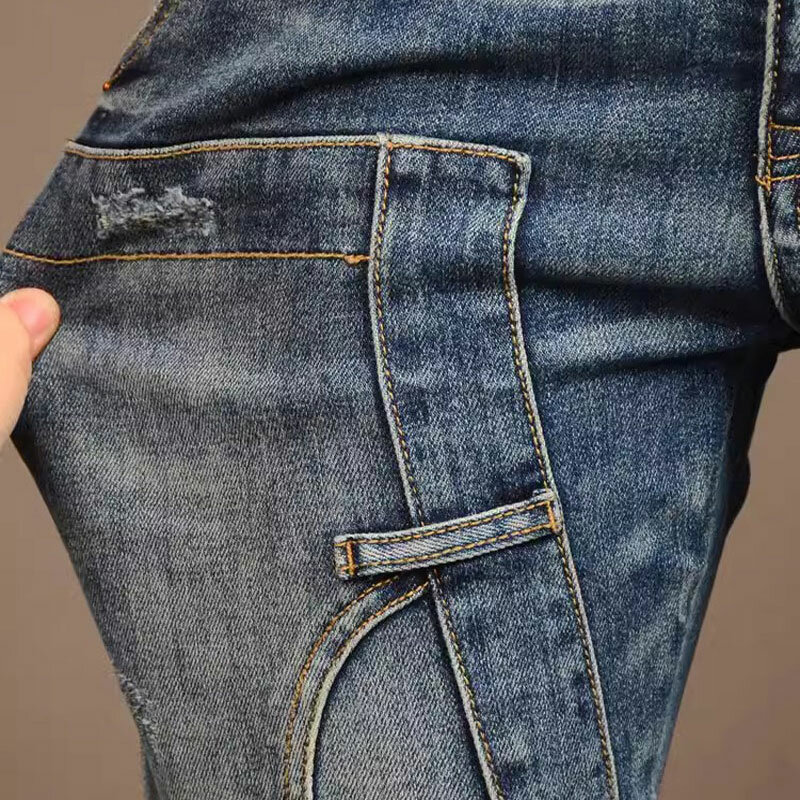 Jeans da uomo di moda High Street Retro Blue Stretch Slim Fit Spliced Designer Biker Jeans Homme Patched Hip Hop Denim Pants Men