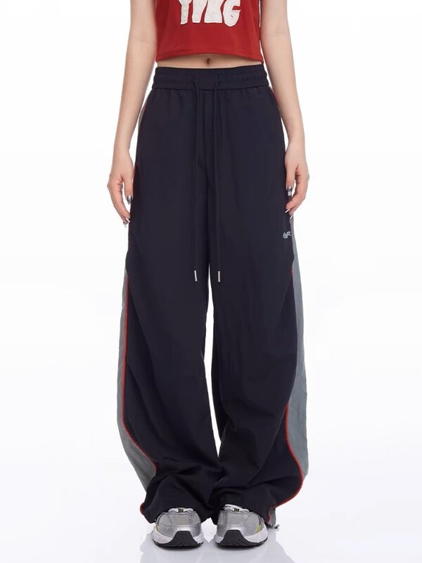 Брюки-карго HOUZHOU женские хаки с широкими штанинами, повседневные винтажные полосатые брюки-багги с парашютом, уличная одежда в стиле Харадзюку, черные