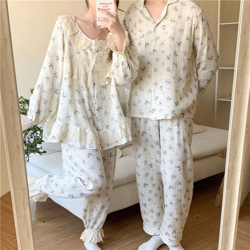 Franse Elegante Kanten Pyjama Sets Zoete Retro Bloemen Bedrukt Nachtkleding Knoop Vest Katoenen Paren Huiskleding Herfst D804