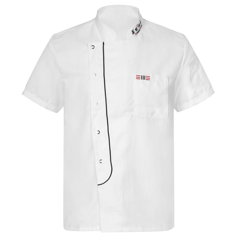 Mens Womens Kitchen Restaurant Chef Jackets Stand-up Collar Chef Coat Short Sleeve Cooks Uniform with Pockets for Hotel Bakery