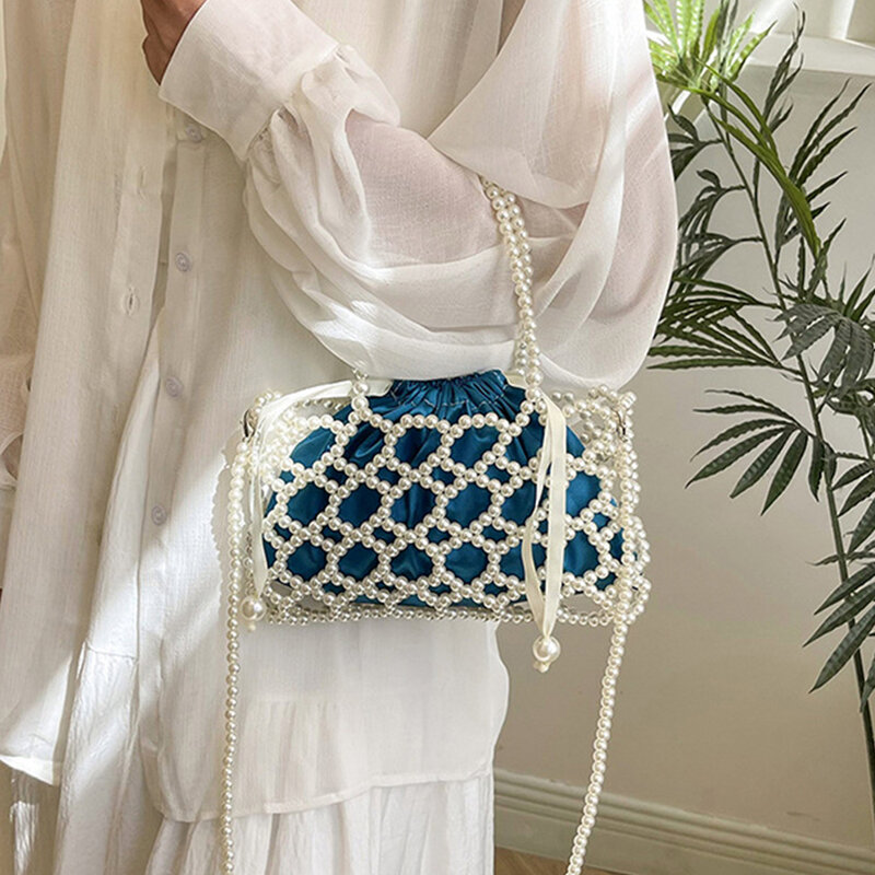 Fashion Hollow Pearls Bags for Women Woven Beaded Handbags Elegant Party Evening Bag Shoulder Crossbody Bag Wedding Clutch Chic