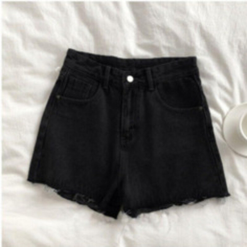 Shorts jeans pretos de cintura alta para mulheres, cintura alta, soltos, pernas largas, linha A, calça quente, casual, novo, outono, verão, 2022